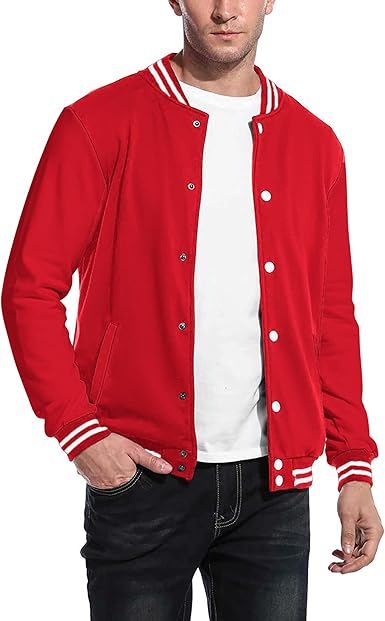 COOFANDY Men's Fashion Varsity Jacket Causal Slim Fit Cotton Letterman Baseball Bomber Jackets- Pure-red
