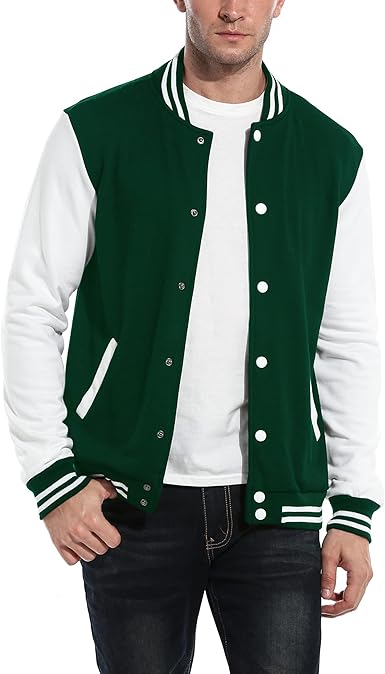 COOFANDY Men's Fashion Varsity Jacket Causal Slim Fit Cotton Letterman Baseball Bomber Jackets- Green