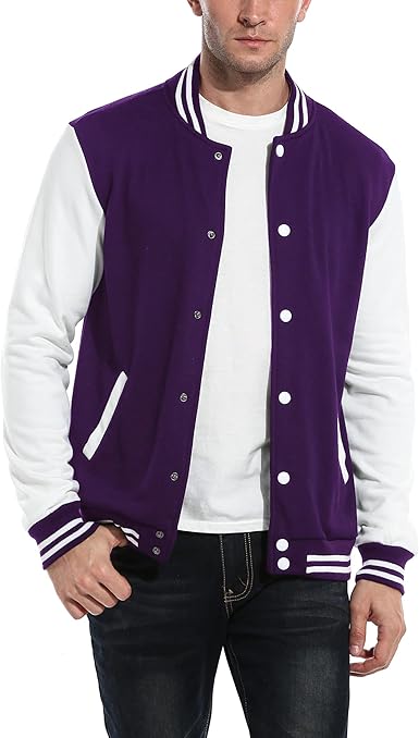 COOFANDY Men's Fashion Varsity Jacket Causal Slim Fit Cotton Letterman Baseball Bomber Jackets- Purple
