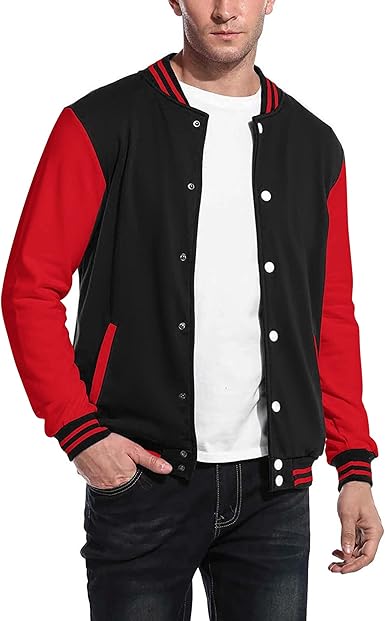 COOFANDY Men's Fashion Varsity Jacket Causal Slim Fit Cotton Letterman Baseball Bomber Jackets- Black/Red