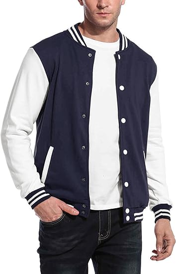 COOFANDY Men's Fashion Varsity Jacket Causal Slim Fit Cotton Letterman Baseball Bomber Jackets-Navy