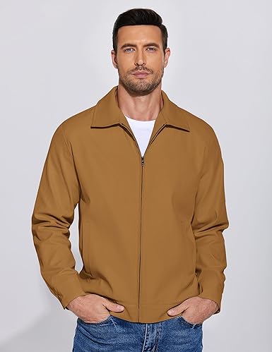 COOFANDY Men's Lightweight Jackets Cotton Casual Jacket Zip Up Eisenhower Coat Work Golf Outwear- Light Brown