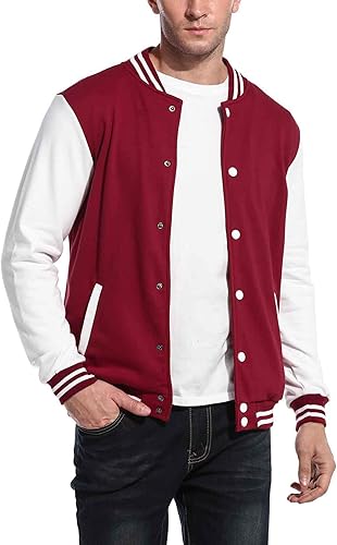COOFANDY Men's Fashion Varsity Jacket Causal Slim Fit Cotton Letterman Baseball Bomber Jackets- Burgundy