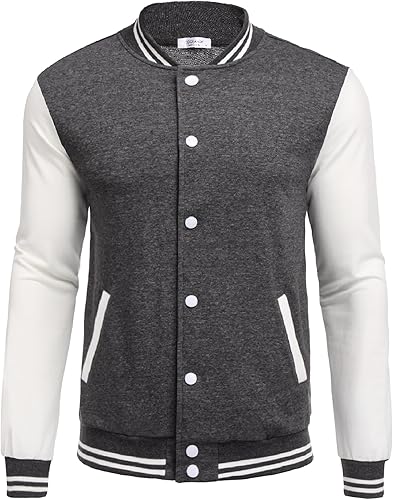 COOFANDY Men's Fashion Varsity Jacket Causal Slim Fit Cotton Letterman Baseball Bomber Jackets -Black/Grey