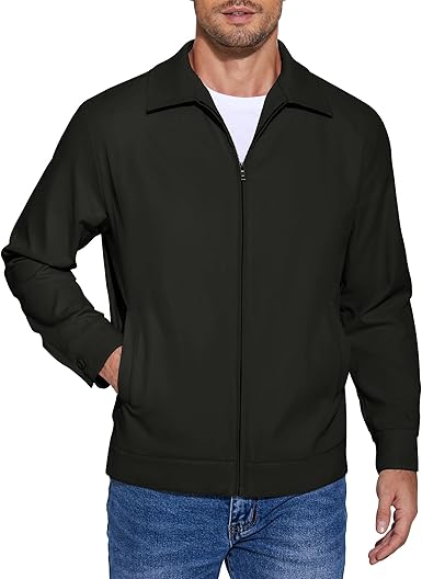 COOFANDY Men's Lightweight Jackets Cotton Casual Jacket Zip Up Eisenhower Coat Work Golf Outwear- A-black