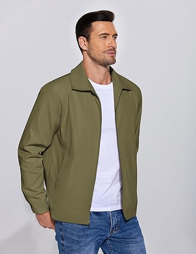 COOFANDY Men's Lightweight Jackets Cotton Casual Jacket Zip Up Eisenhower Coat Work Golf Outwear- Army Green