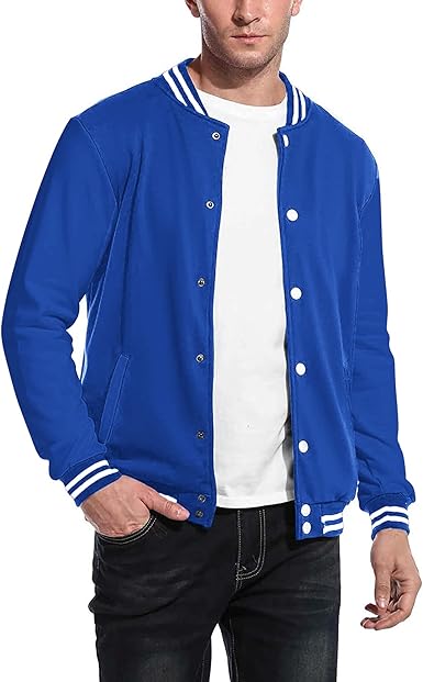 COOFANDY Men's Fashion Varsity Jacket Causal Slim Fit Cotton Letterman Baseball Bomber Jackets- Pure Blue