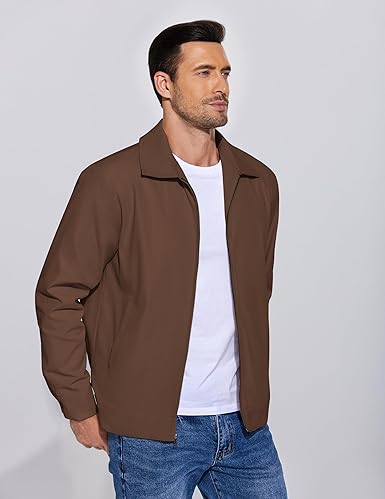 COOFANDY Men's Lightweight Jackets Cotton Casual Jacket Zip Up Eisenhower Coat Work Golf Outwear- Brown