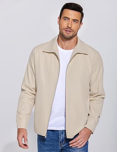 COOFANDY Men's Lightweight Jackets Cotton Casual Jacket Zip Up Eisenhower Coat Work Golf Outwear- Beige