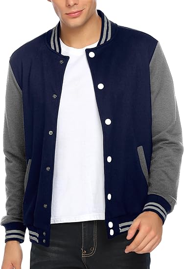 COOFANDY Men's Fashion Varsity Jacket Causal Slim Fit Cotton Letterman Baseball Bomber Jackets- Navy/Grey