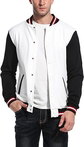 COOFANDY Men's Fashion Varsity Jacket Causal Slim Fit Cotton Letterman Baseball Bomber Jackets- White