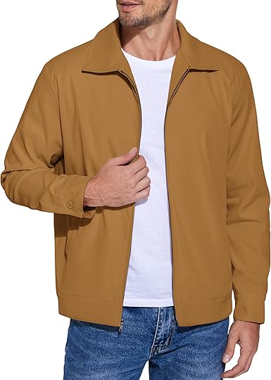 COOFANDY Men's Lightweight Jackets Cotton Casual Jacket Zip Up Eisenhower Coat Work Golf Outwear- Light Brown