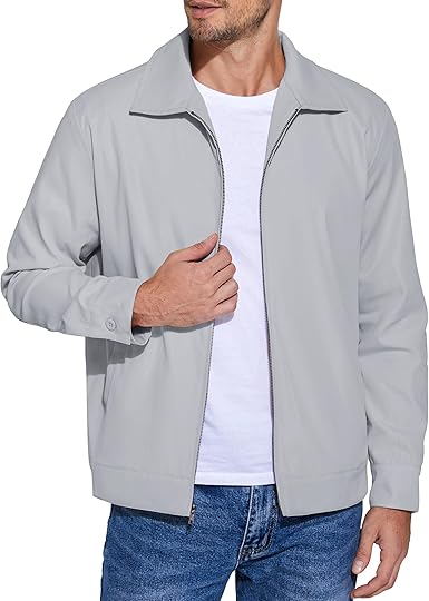 COOFANDY Men's Lightweight Jackets Cotton Casual Jacket Zip Up Eisenhower Coat Work Golf Outwear-Light Gray