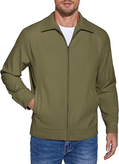 COOFANDY Men's Lightweight Jackets Cotton Casual Jacket Zip Up Eisenhower Coat Work Golf Outwear- Army Green
