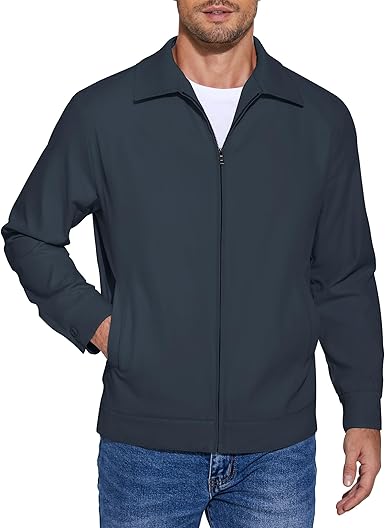 COOFANDY Men's Lightweight Jackets Cotton Casual Jacket Zip Up Eisenhower Coat Work Golf Outwear-Navy Blue