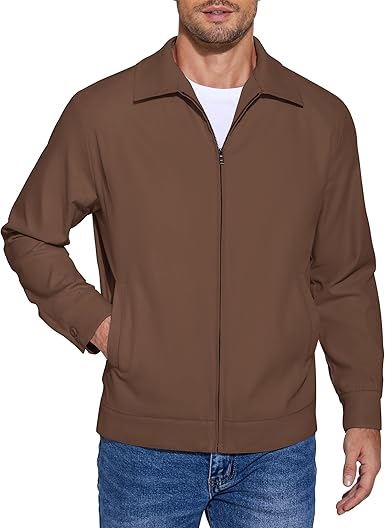 COOFANDY Men's Lightweight Jackets Cotton Casual Jacket Zip Up Eisenhower Coat Work Golf Outwear- Brown