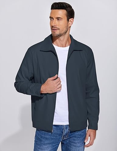 COOFANDY Men's Lightweight Jackets Cotton Casual Jacket Zip Up Eisenhower Coat Work Golf Outwear-Navy Blue