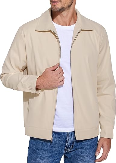 COOFANDY Men's Lightweight Jackets Cotton Casual Jacket Zip Up Eisenhower Coat Work Golf Outwear- Beige