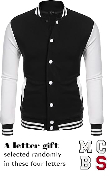 COOFANDY Men's Fashion Varsity Jacket Causal Slim Fit Cotton Letterman Baseball Bomber Jackets- Black