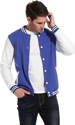 COOFANDY Men's Fashion Varsity Jacket Causal Slim Fit Cotton Letterman Baseball Bomber Jackets- Blue