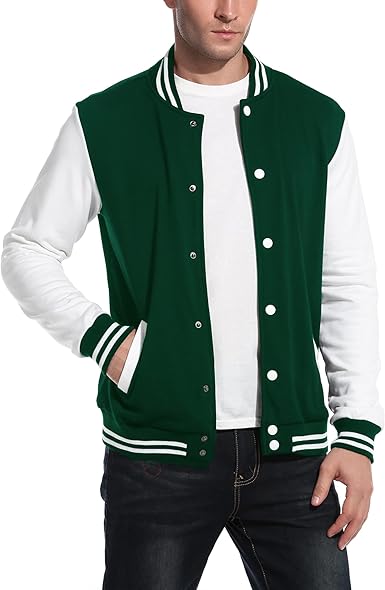 COOFANDY Men's Fashion Varsity Jacket Causal Slim Fit Cotton Letterman Baseball Bomber Jackets- Green