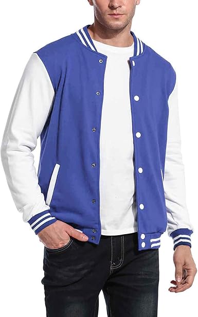 COOFANDY Men's Fashion Varsity Jacket Causal Slim Fit Cotton Letterman Baseball Bomber Jackets- Blue