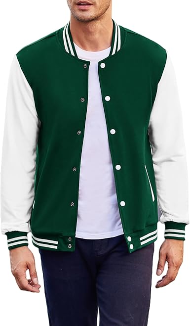 COOFANDY Men's Fashion Varsity Jacket Causal Slim Fit Cotton Letterman Baseball Bomber Jackets- Green