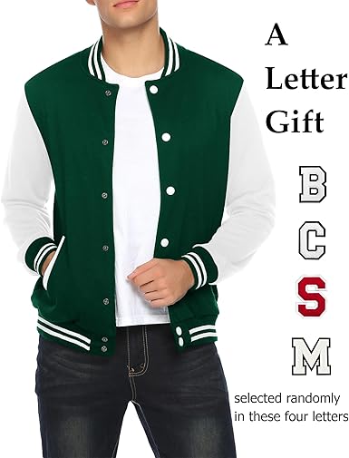 COOFANDY Men's Fashion Varsity Jacket Causal Slim Fit Cotton Letterman Baseball Bomber Jackets- Green