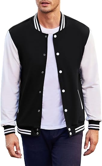 COOFANDY Men's Fashion Varsity Jacket Causal Slim Fit Cotton Letterman Baseball Bomber Jackets- Black