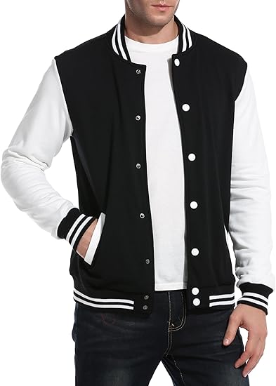 COOFANDY Men's Fashion Varsity Jacket Causal Slim Fit Cotton Letterman Baseball Bomber Jackets- Black