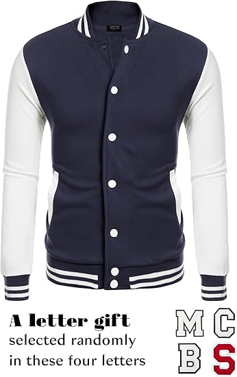 COOFANDY Men's Fashion Varsity Jacket Causal Slim Fit Cotton Letterman Baseball Bomber Jackets-Navy