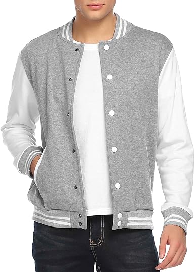 COOFANDY Men's Fashion Varsity Jacket Causal Slim Fit Cotton Letterman Baseball Bomber Jackets- Gray
