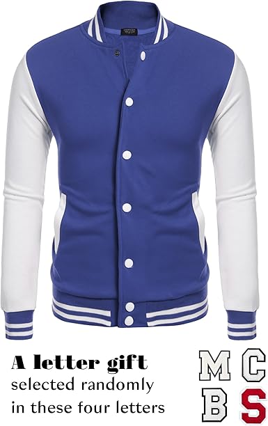 COOFANDY Men's Fashion Varsity Jacket Causal Slim Fit Cotton Letterman Baseball Bomber Jackets- Blue