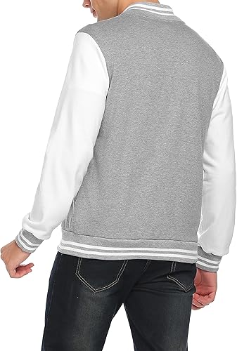 COOFANDY Men's Fashion Varsity Jacket Causal Slim Fit Cotton Letterman Baseball Bomber Jackets- Gray